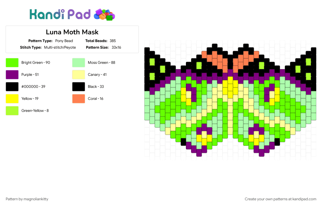 Luna Moth Mask - Pony Bead Pattern by magnoliankitty on Kandi Pad - green, teal, yellow