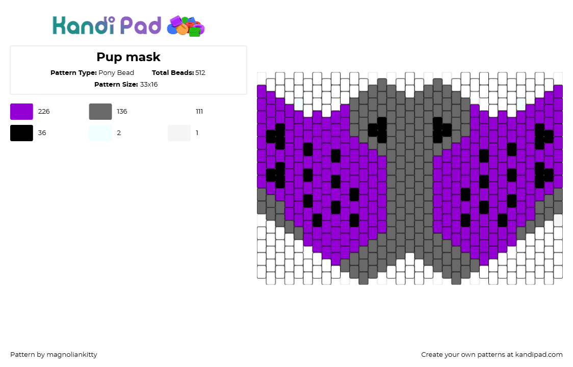 Pup mask - Pony Bead Pattern by magnoliankitty on Kandi Pad - pup,pride,mask,community,gray,purple