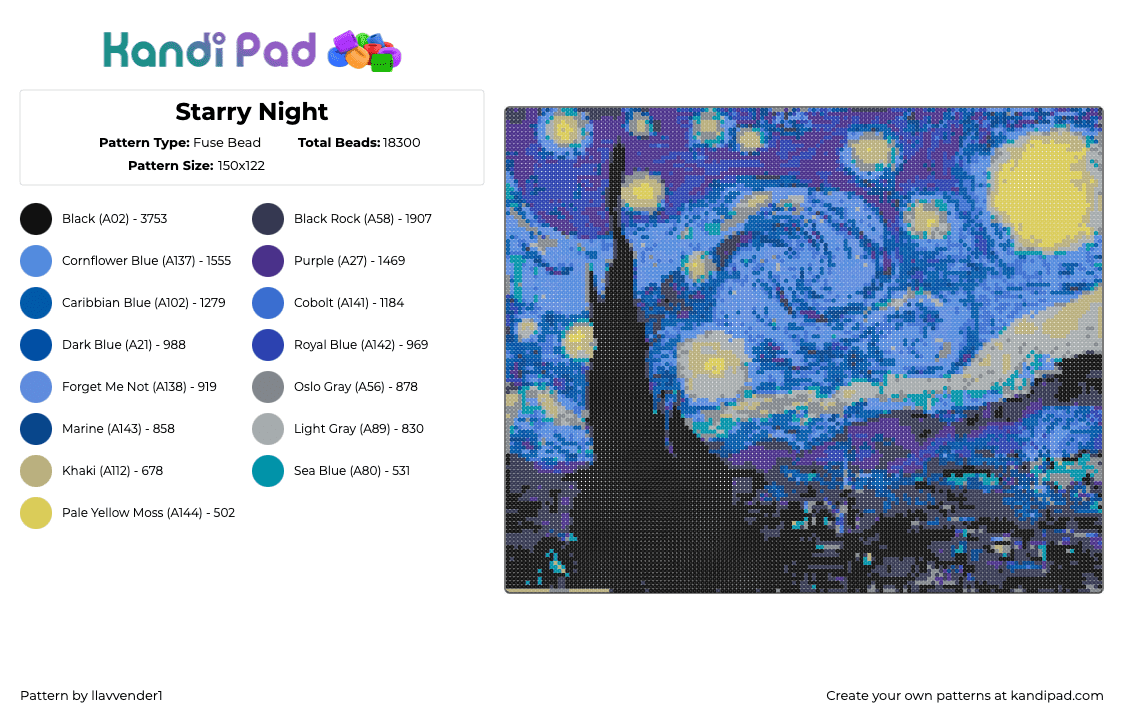 Starry Night - Fuse Bead Pattern by llavvender1 on Kandi Pad - starry night,van gogh,painting,art,classic,tapestry,panel,blue,black