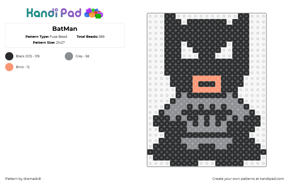 BatMan - Fuse Bead Pattern by dramadv8 on Kandi Pad - batman,superhero,dc,comic,character,movie,chibi,black,gray