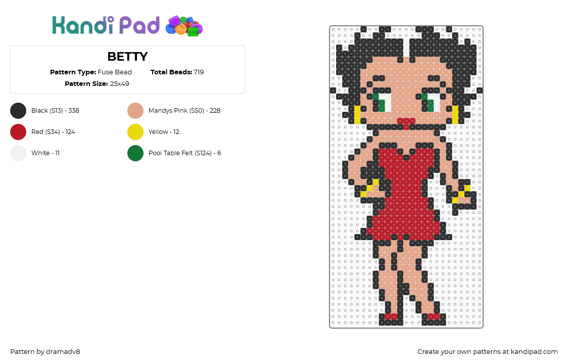 BETTY - Fuse Bead Pattern by dramadv8 on Kandi Pad - betty boop,character,cartoon,nostalgia,black,red,beige