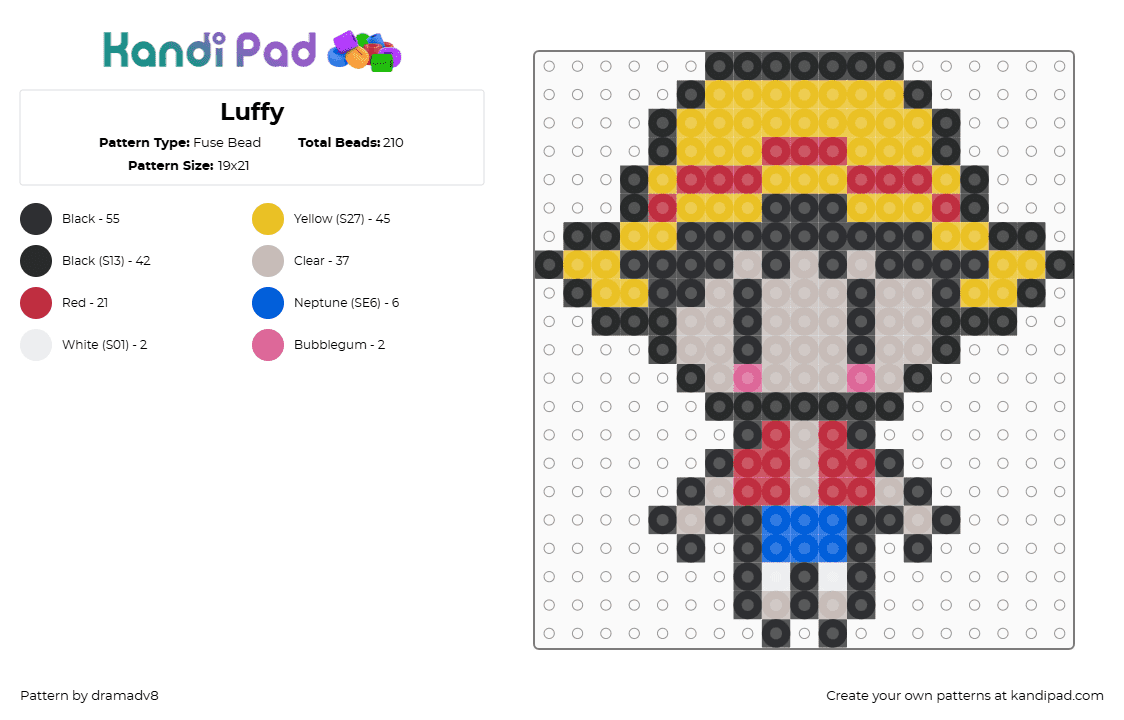 Luffy - Fuse Bead Pattern by dramadv8 on Kandi Pad - black,yellow,red,beige