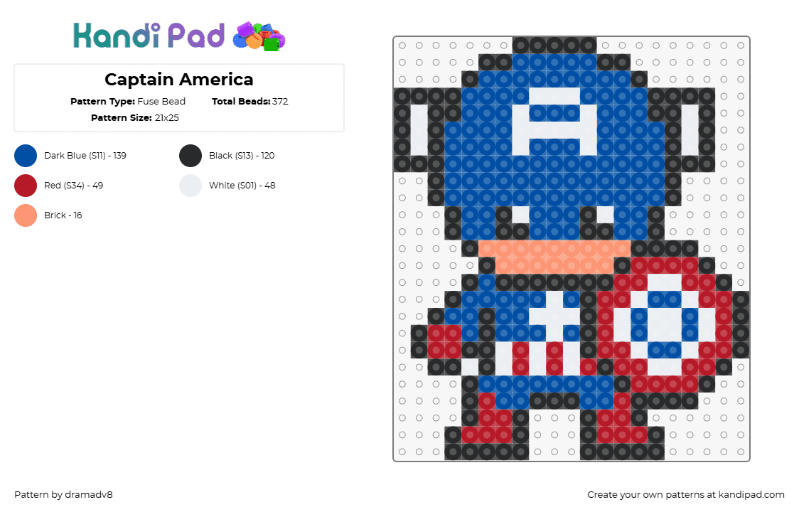 Captain America - Fuse Bead Pattern by dramadv8 on Kandi Pad - captain america,marvel,superhero,chibi,character,avengers,movie,comic,blue,red