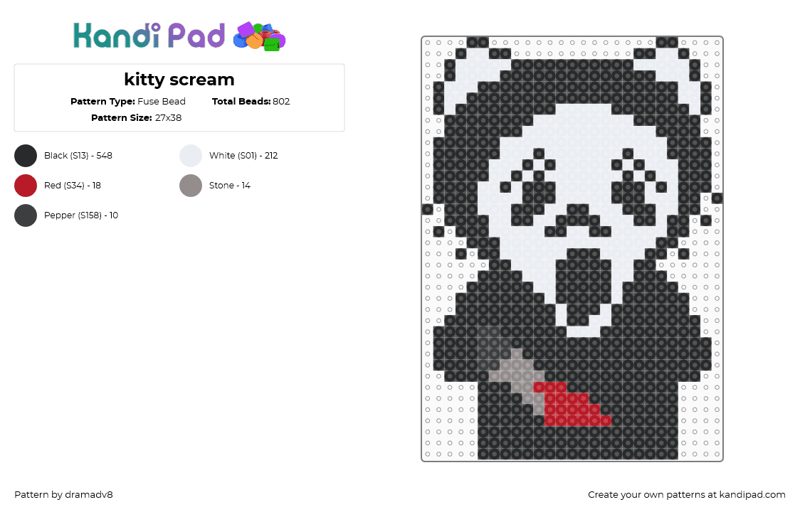 kitty scream - Fuse Bead Pattern by dramadv8 on Kandi Pad - black,white,red,gray