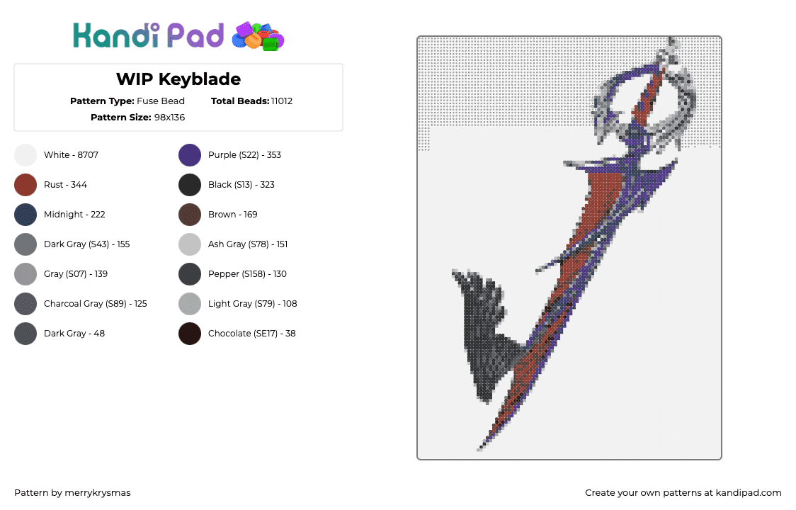 WIP Keyblade - Fuse Bead Pattern by merrykrysmas on Kandi Pad - keyblade,kingdom hearts,sword,weapon,video game,red,blue