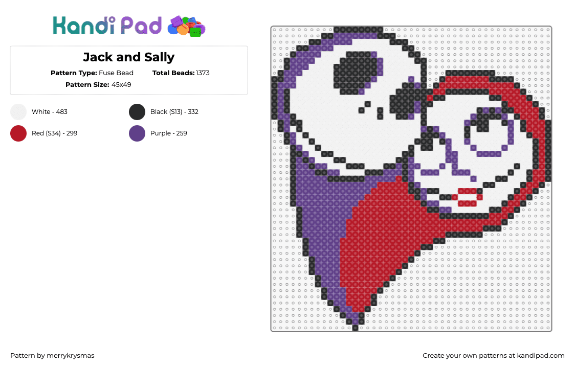 Jack and Sally - Fuse Bead Pattern by merrykrysmas on Kandi Pad - jack skellington,nightmare before christmas,sally,characters,love,animation,movie,halloween,white,purple,red