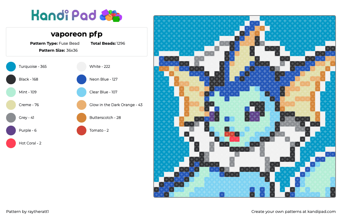 vaporeon pfp - Fuse Bead Pattern by raytheratt1 on Kandi Pad - vaporeon,pokemon,portrait,profile,gaming,panel,tan,blue,teal