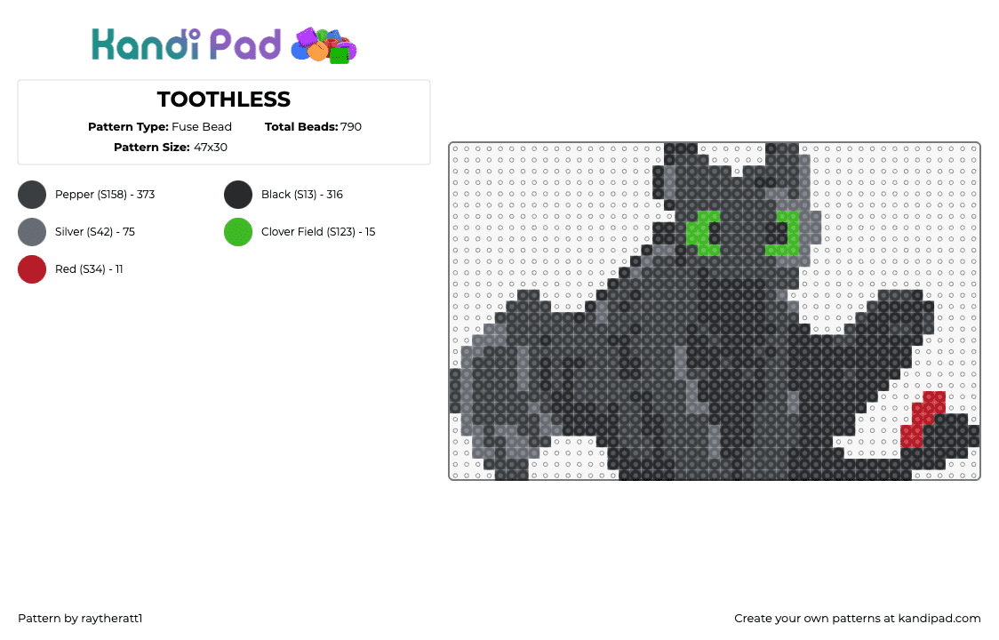 TOOTHLESS - Fuse Bead Pattern by raytheratt1 on Kandi Pad - toothless,dragon,how to train your dragon,character,dreamworks,movie,black