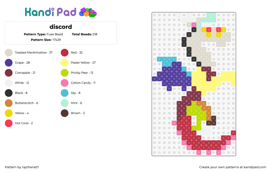 discord - Fuse Bead Pattern by raytheratt1 on Kandi Pad - discord,dragon,mlp,my little pony,character,colorful,red,purple,yellow,beige