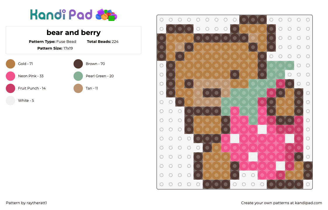 bear and berry - Fuse Bead Pattern by raytheratt1 on Kandi Pad - bear,strawberry,teddy,fruit,cute,charm,brown,tan,pink