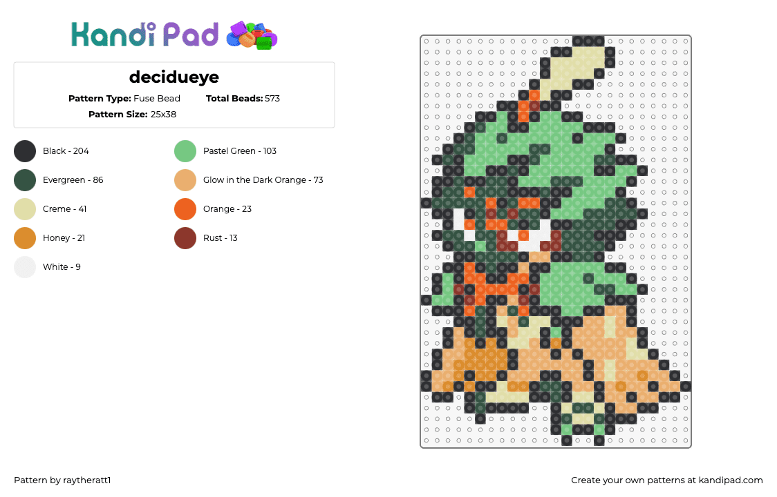 decidueye - Fuse Bead Pattern by raytheratt1 on Kandi Pad - decidueye,pokemon,character,gaming,earthy,tan,green