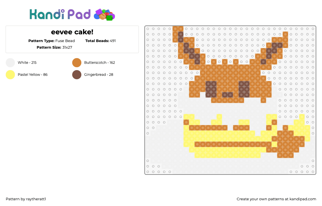 eevee cake! - Fuse Bead Pattern by raytheratt1 on Kandi Pad - eevee,cake,pokemon,gaming,character,cute,dessert,food,brown,yellow,white