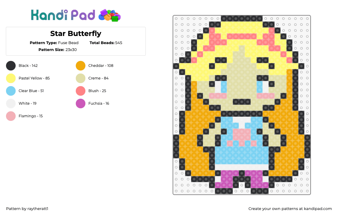 Star Butterfly - Fuse Bead Pattern by raytheratt1 on Kandi Pad - star butterfly,star vs the forces of evil,chibi,character,cartoon,tv show,blonde,yellow,beige,light blue,pink