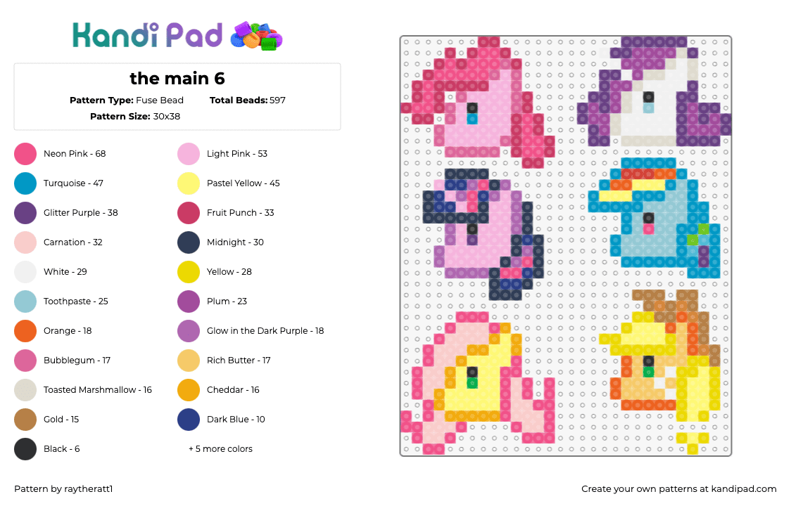 the main 6 - Fuse Bead Pattern by raytheratt1 on Kandi Pad - mlp,my little pony,heads,charms,colorful,pink,light blue,yellow