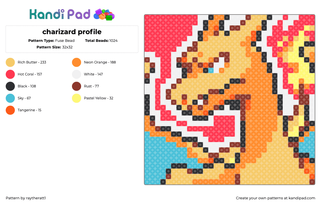 charizard profile - Fuse Bead Pattern by raytheratt1 on Kandi Pad - charizard,pokemon,portrait,dragon,profile,fiery,orange,red