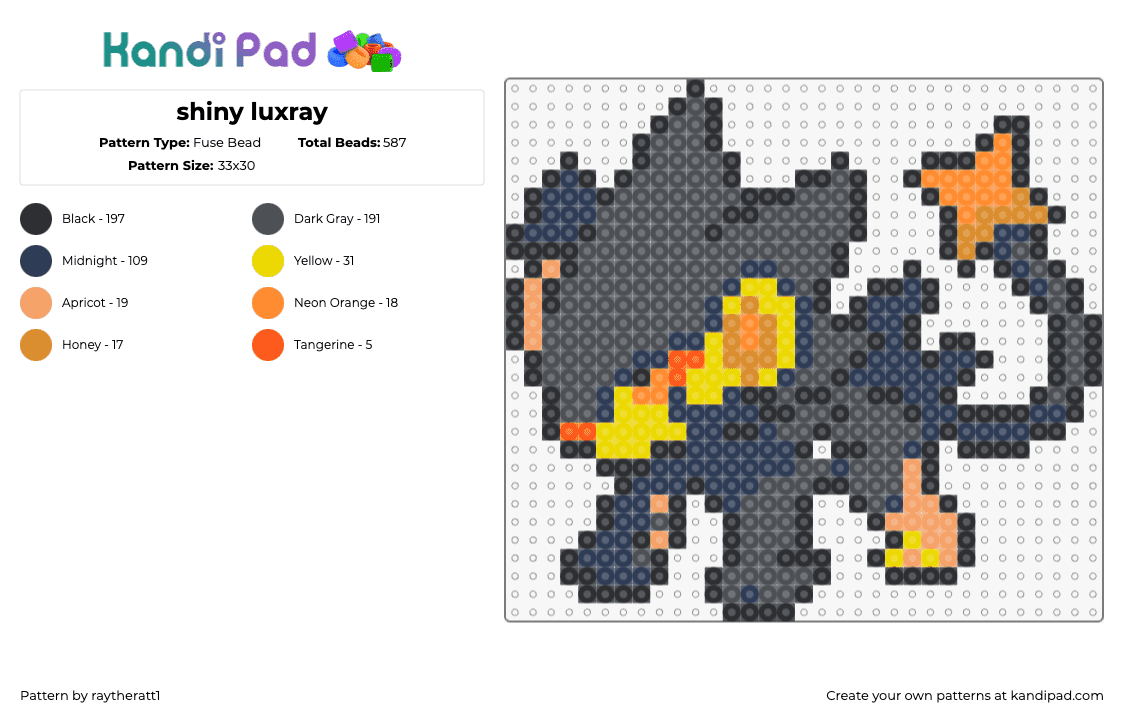 shiny luxray - Fuse Bead Pattern by raytheratt1 on Kandi Pad - luxray,pokemon,character,gaming,black,yellow,orange