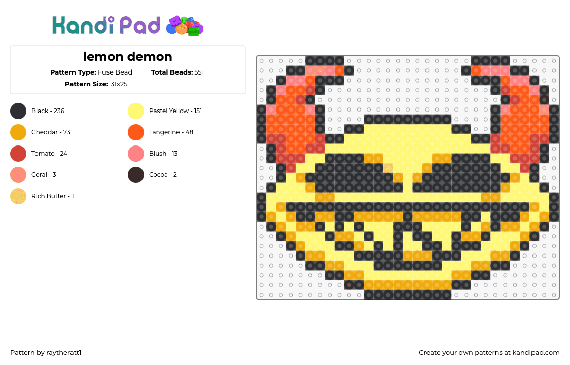 lemon demon - Fuse Bead Pattern by raytheratt1 on Kandi Pad - lemon demon,logo,band,music,horned,yellow,red,black