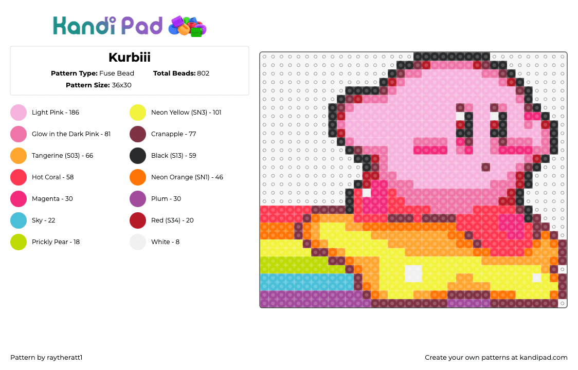 Kurbiii - Fuse Bead Pattern by raytheratt1 on Kandi Pad - kirby,nintendo,star,rainbow,video game,character,colorful,pink,yellow