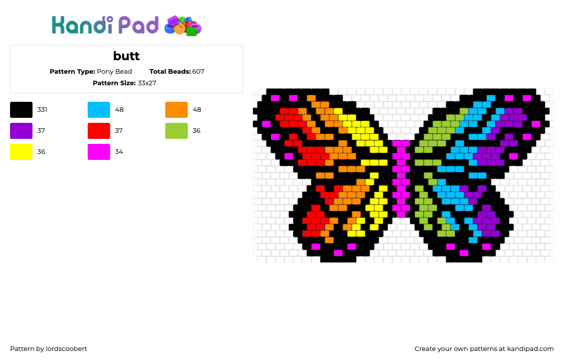 butt - Pony Bead Pattern by lordscoobert on Kandi Pad - butterfly,insect,colorful,moth,winged,pink