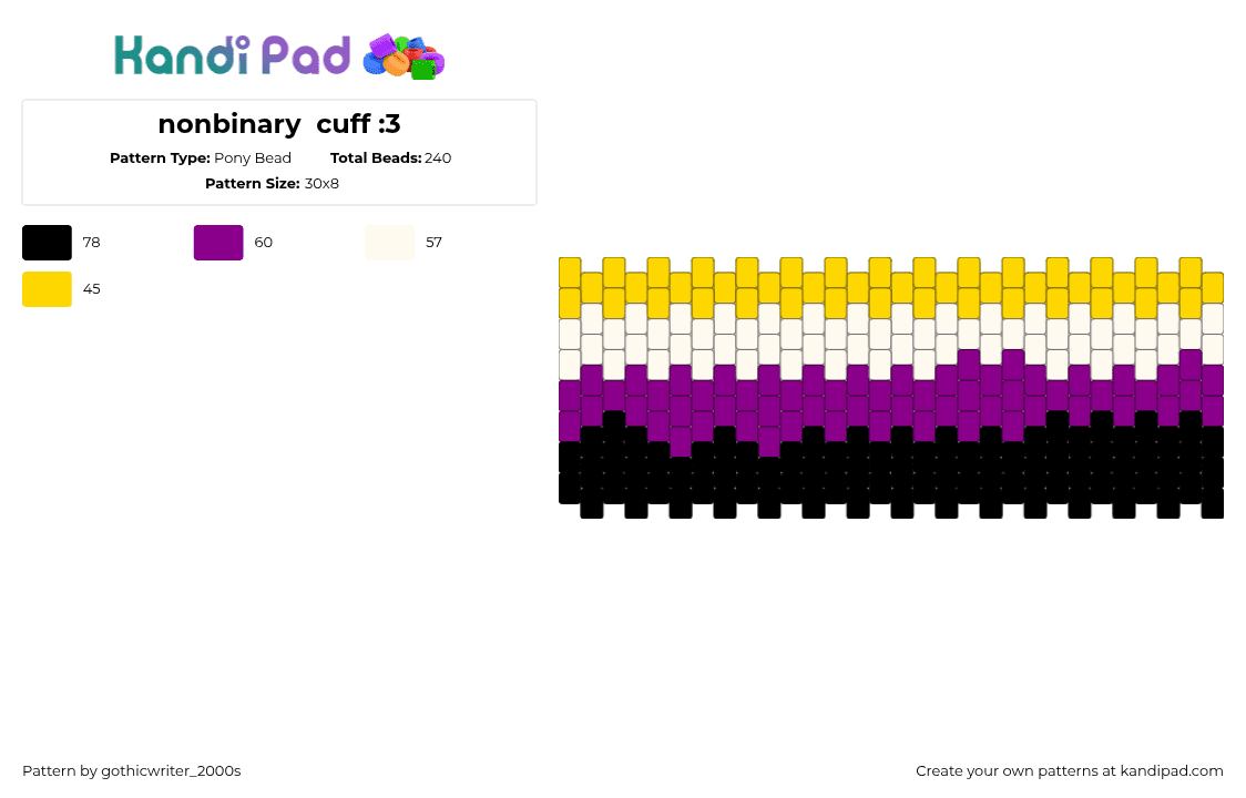 nonbinary  cuff :3 - Pony Bead Pattern by gothicwriter_2000s on Kandi Pad - nonbinary,pride,enby,cuff,yellow,purple,black