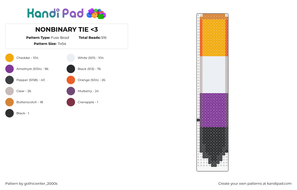 NONBINARY TIE - Fuse Bead Pattern by gothicwriter_2000s on Kandi Pad - nonbinary,pride,necktie,tie,clothing,orange,white,purple