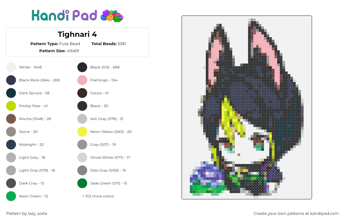 Tighnari 4 - Fuse Bead Pattern by lazy_soda on Kandi Pad - tighnari,genshin impact,head,character,video game,black