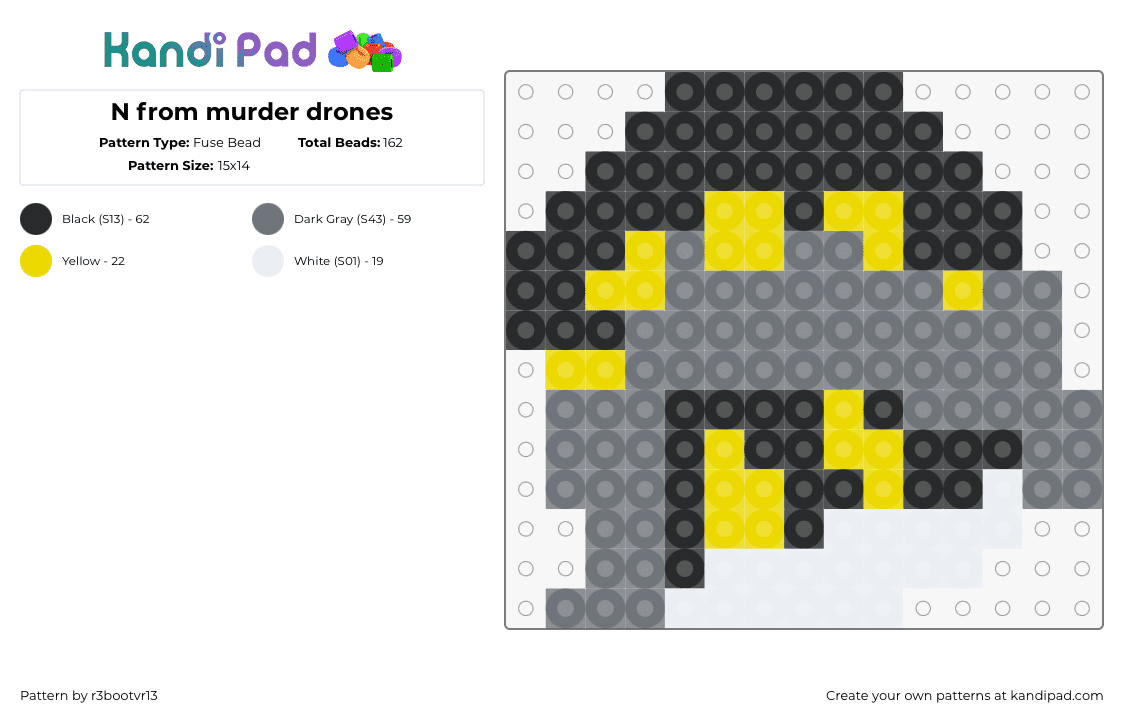 N from murder drones - Fuse Bead Pattern by r3bootvr13 on Kandi Pad - n,murder drones,character,head,tv show,animation,gray,black,yellow