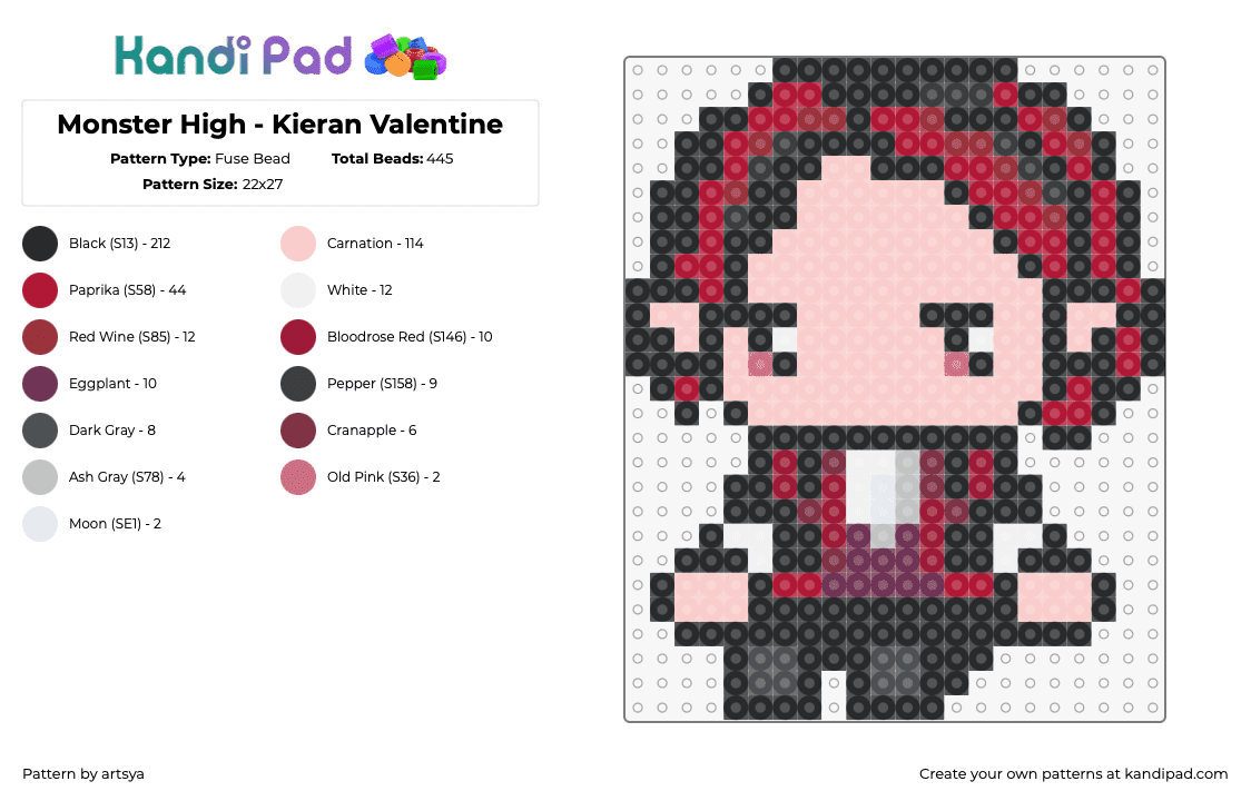 Monster High - Kieran Valentine - Fuse Bead Pattern by artsya on Kandi Pad - kieran valentine,monster high,chibi,character,pink,red