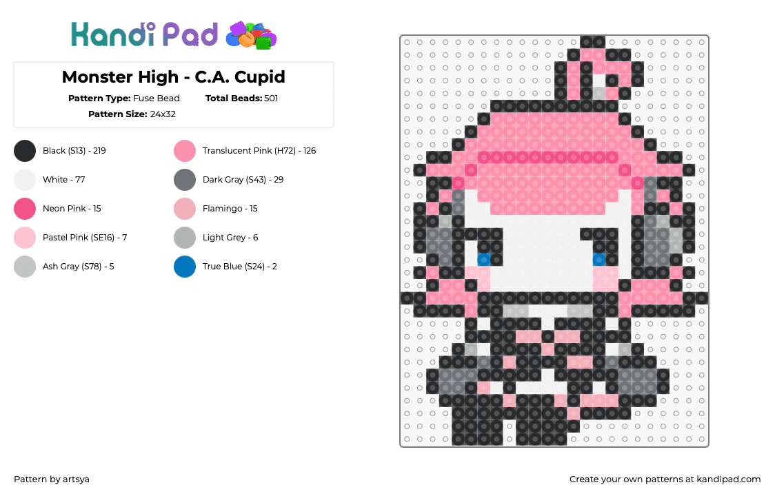 Monster High - C.A. Cupid - Fuse Bead Pattern by artsya on Kandi Pad - ca cupid,monster high,chibi,character,pink,white,gray