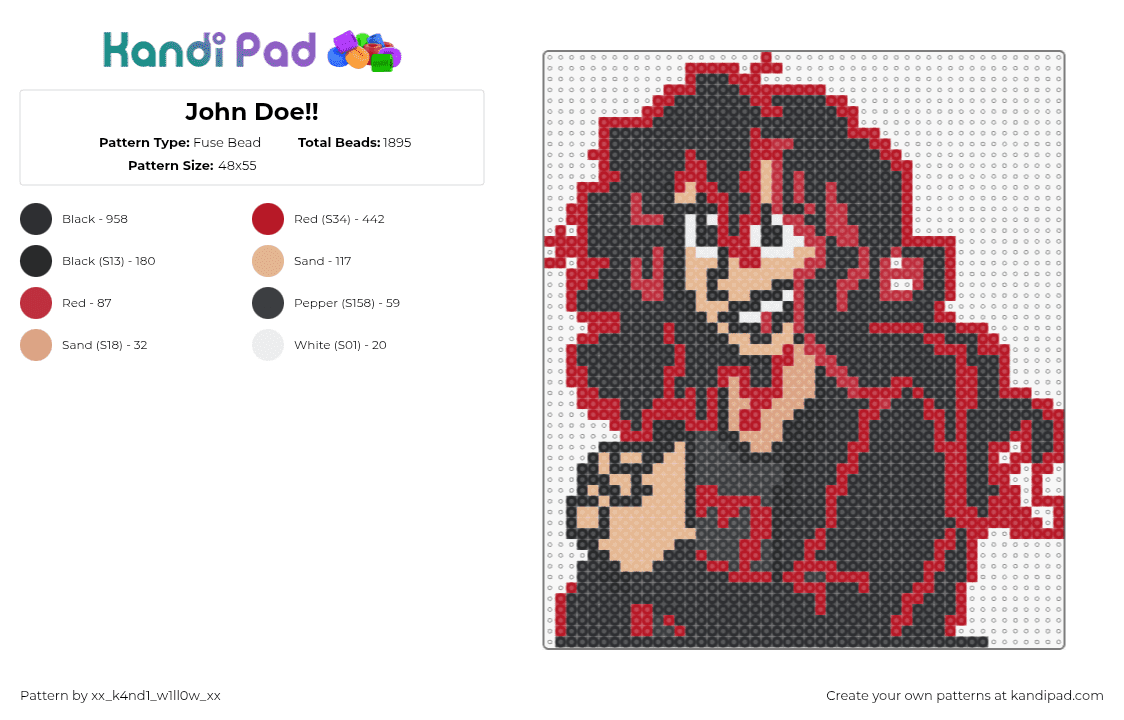 John Doe!! - Fuse Bead Pattern by xx_k4nd1_w1ll0w_xx on Kandi Pad - john doe,portrait,video game,character,black,red