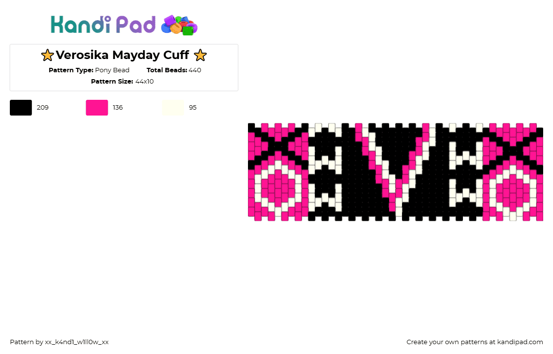 ⭐Verosika Mayday Cuff ⭐ - Pony Bead Pattern by xx_k4nd1_w1ll0w_xx on Kandi Pad - pink,white,verosika,verosika mayday,helluva boss,shes so pretty