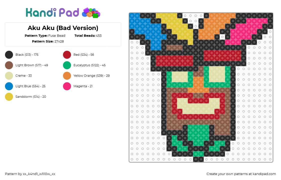 Aku Aku (Bad Version) - Fuse Bead Pattern by silly_willy on Kandi Pad - tan,red,green,yellow,crash bandicoot,aku aku,plank,woodamagah,mask,idk,help