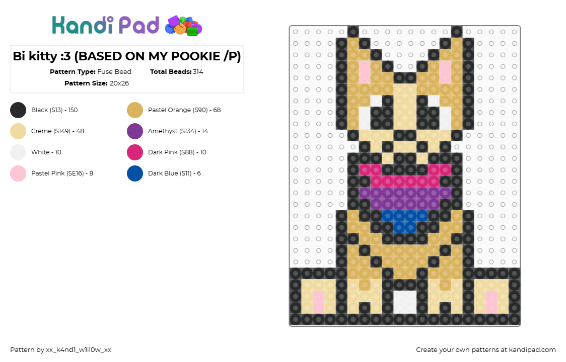 Bi kitty :3 (BASED ON MY POOKIE /P) - Fuse Bead Pattern by xx_k4nd1_w1ll0w_xx on Kandi Pad - cat,bisexual,pride,animal,tan,purple