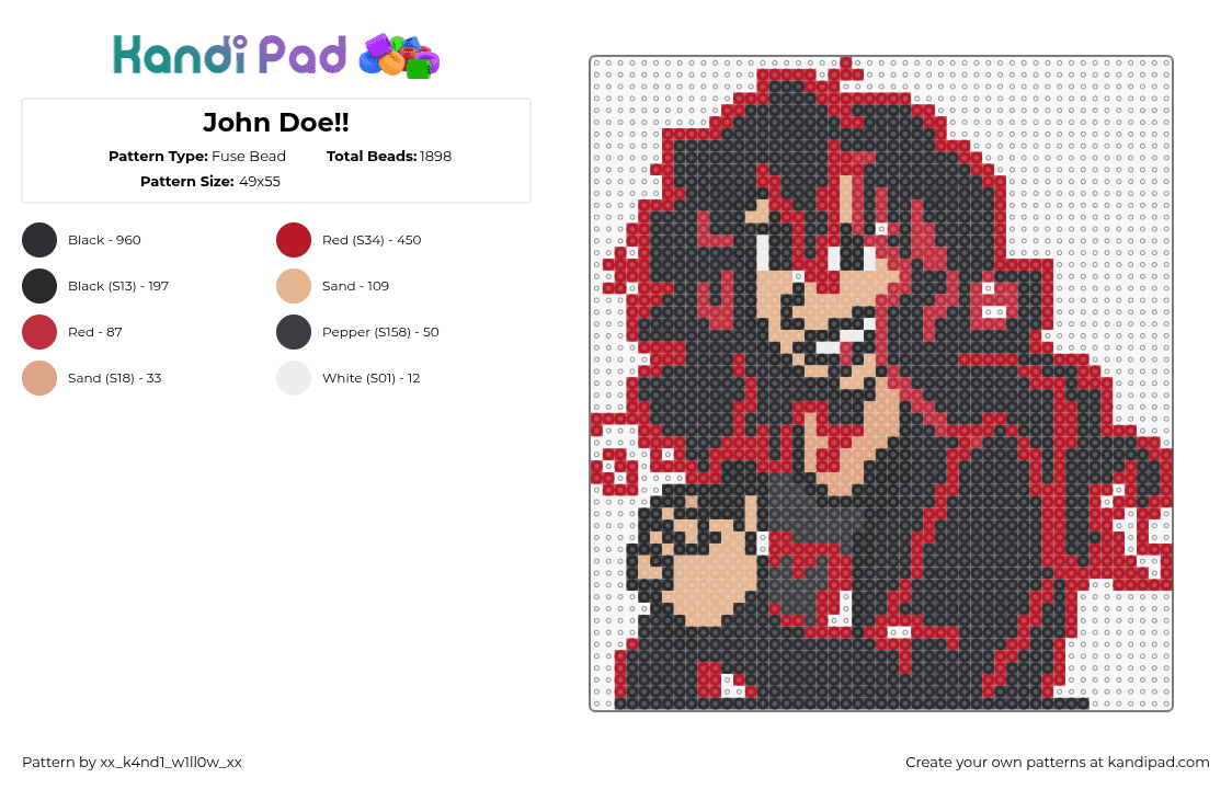 John Doe!! - Fuse Bead Pattern by xx_k4nd1_w1ll0w_xx on Kandi Pad - john doe,portrait,video game,character,black,red