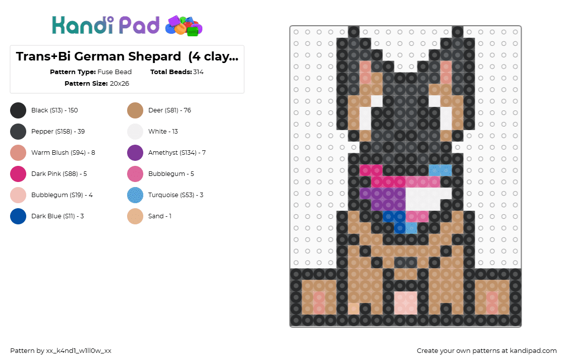 Trans+Bi German Shepard  (4 claypuppington) - Fuse Bead Pattern by xx_k4nd1_w1ll0w_xx on Kandi Pad - german shepard,dog,trans,bisexual,pride,animal,cute,tan,black