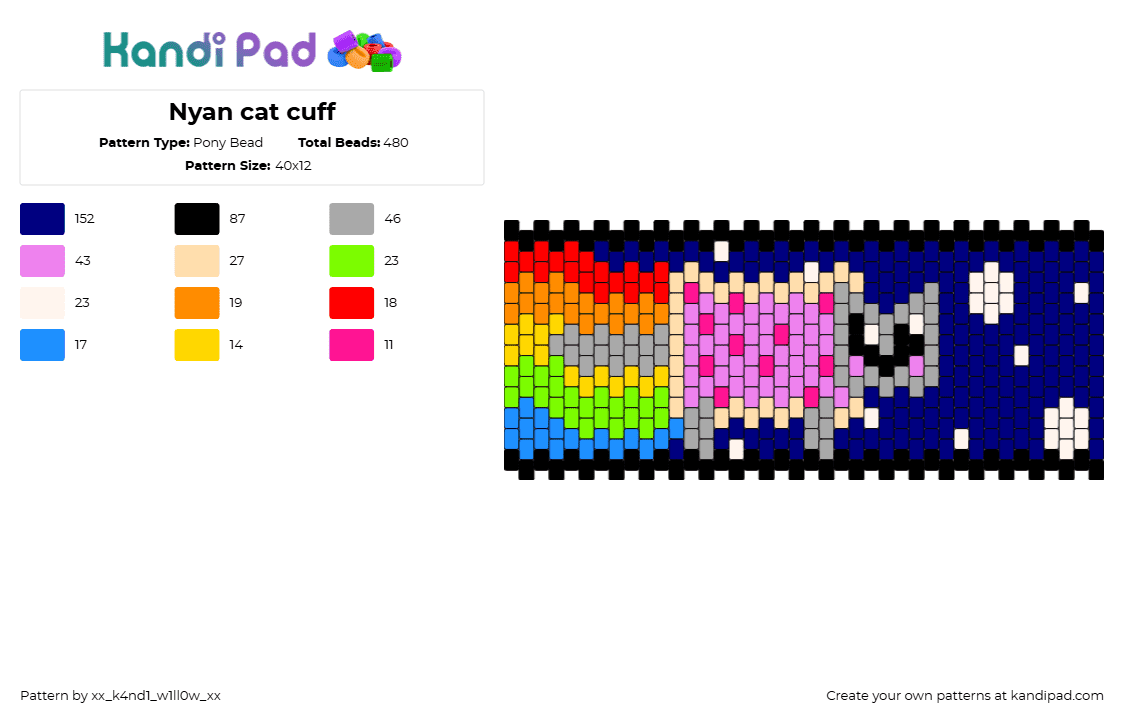 Nyan cat cuff - Pony Bead Pattern by xx_k4nd1_w1ll0w_xx on Kandi Pad - nyan cat,meme,poptart,rainbow,night,cuff,colorful,pink,blue