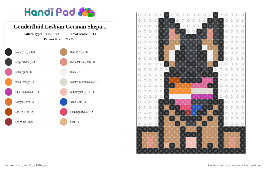 Genderfluid Lesbian German Shepard!! (Requested by lunastardust!) - Fuse Bead Pattern by bloodybunny on Kandi Pad - beige, black, charm, dog, gay, genderfluid, genderfluid lesbian, german shepard, lesbian, perler, tan