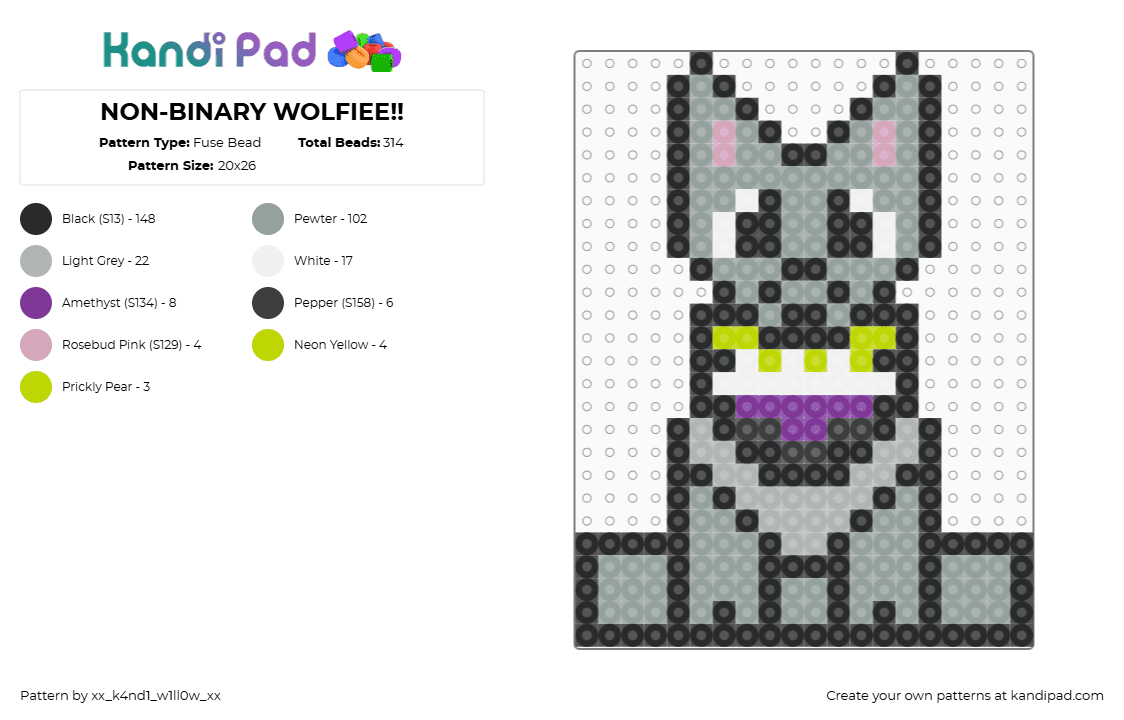 NON-BINARY WOLFIEE!! - Fuse Bead Pattern by xx_k4nd1_w1ll0w_xx on Kandi Pad - wolf,nonbinary,pride,animal,cute,gray