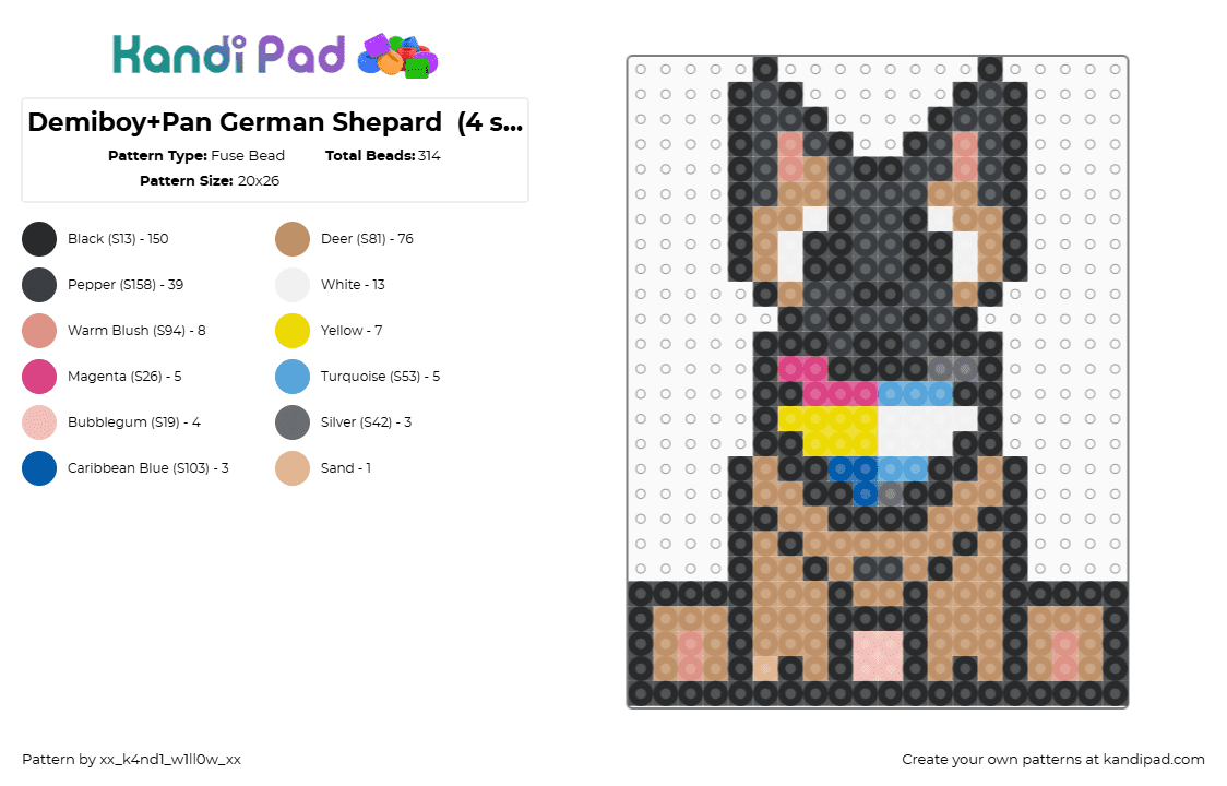 Demiboy+Pan German Shepard  (4 skibidisigma453) - Fuse Bead Pattern by xx_k4nd1_w1ll0w_xx on Kandi Pad - demiboy,dog,pride,german shepard,animal,tan