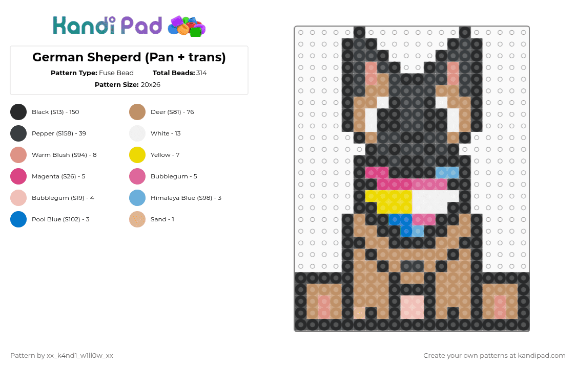 German Sheperd (Pan + trans) - Fuse Bead Pattern by bloodybunny on Kandi Pad - black, dog, german shepherd, pan, pansexual, puppy, tan, trans, trans pan, transgender