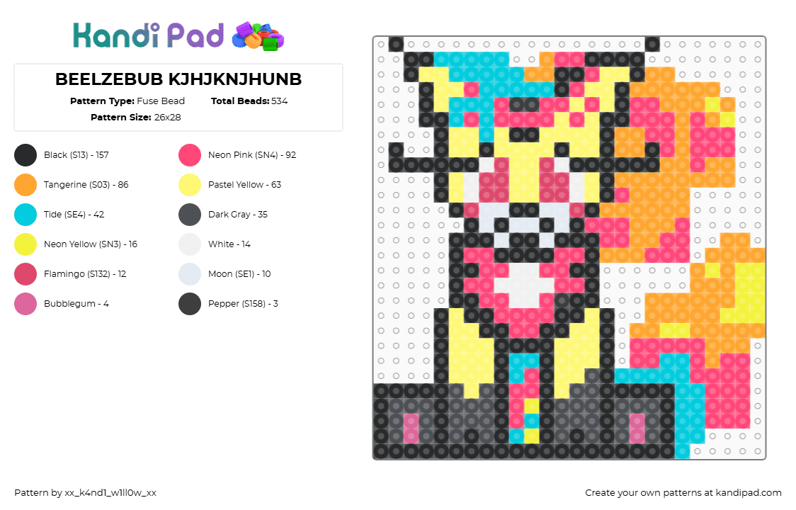 BEELZEBUB KJHJKNJHUNB - Fuse Bead Pattern by xx_k4nd1_w1ll0w_xx on Kandi Pad - beelzebub,cat,colorful,animal,yellow,pink