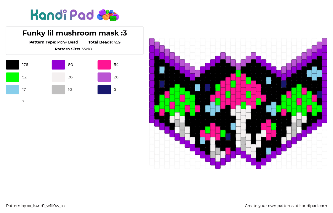 Funky lil mushroom mask :3 - Pony Bead Pattern by xx_k4nd1_w1ll0w_xx on Kandi Pad - mushrooms,neon,psychedelic,mask,fungus,black,pink,green,purple