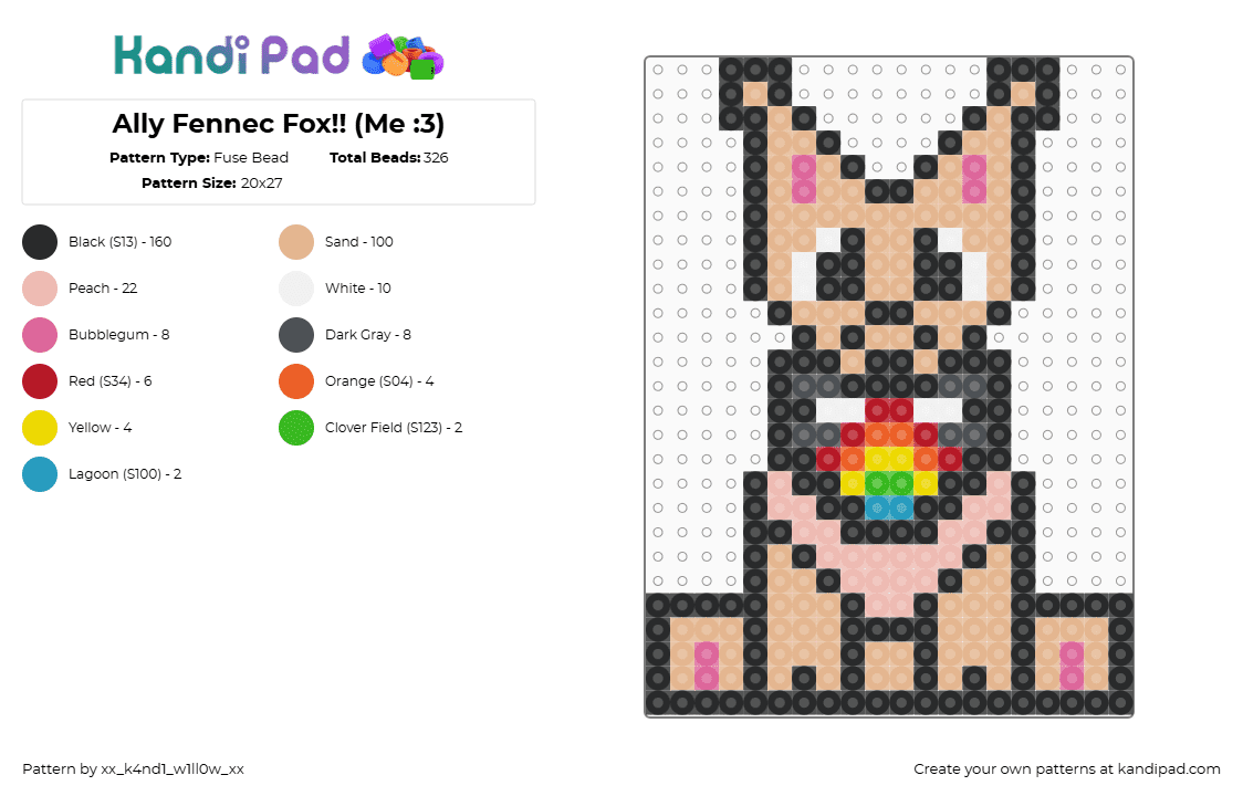 Ally Fennec Fox!! (Me :3) - Fuse Bead Pattern by xx_k4nd1_w1ll0w_xx on Kandi Pad - fennec fox,pride,animal,cute,tan,pink