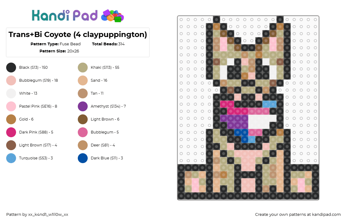 Trans+Bi Coyote (4 claypuppington) - Fuse Bead Pattern by xx_k4nd1_w1ll0w_xx on Kandi Pad - coyote,trans,bisexual,pride,animal,cute,tan