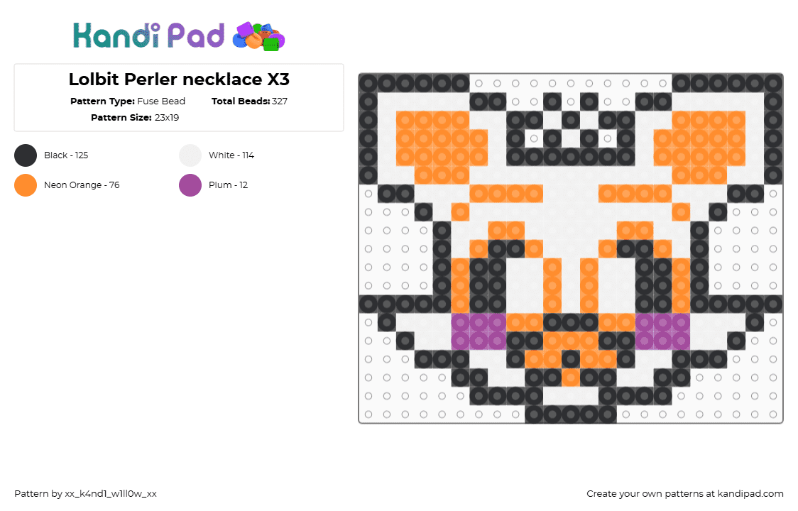 Lolbit Perler necklace X3 - Fuse Bead Pattern by xx_k4nd1_w1ll0w_xx on Kandi Pad - orange,fnaf,perler,fox,five nights at freddys,spooky,furry,bleh