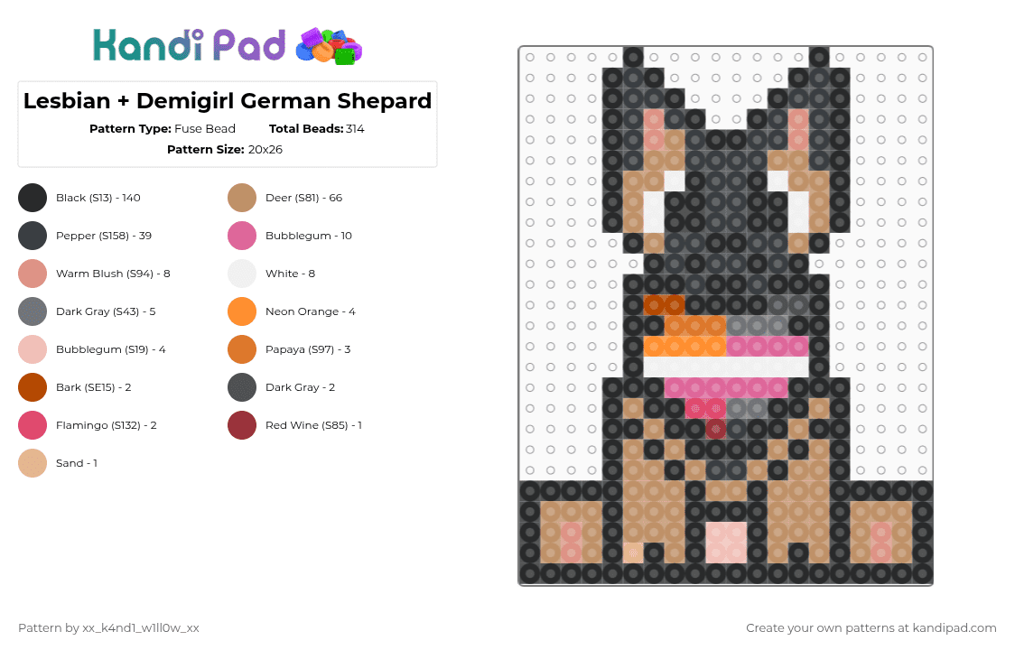 Lesbian + Demigirl German Shepard - Fuse Bead Pattern by silly_willy on Kandi Pad - black,tan,demigirl,lesbian,german shepard,dog