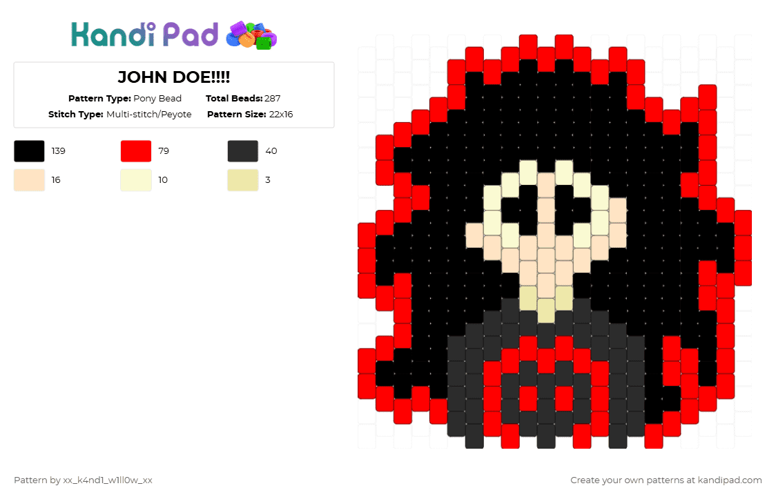 JOHN DOE!!!! - Pony Bead Pattern by silly_willy on Kandi Pad - john doe,forsaken,character,not forsakenjohn doe,spooky,ass,halloween,not forsaken,holiday,black,red,notforsaken,johndoe,emo ass,silly,goober,hot topic,idfk