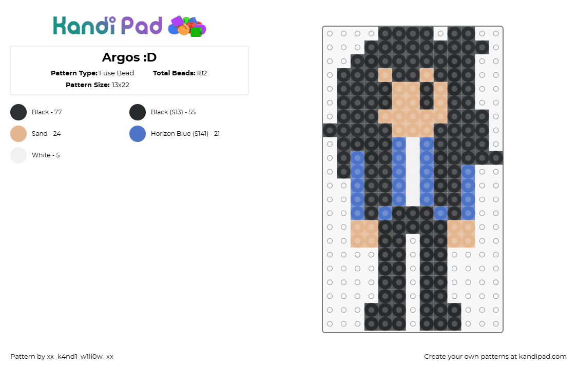 Argos :D - Fuse Bead Pattern by xx_k4nd1_w1ll0w_xx on Kandi Pad - the world of mr plant,argos,character,chibi,tiktok,black,blue