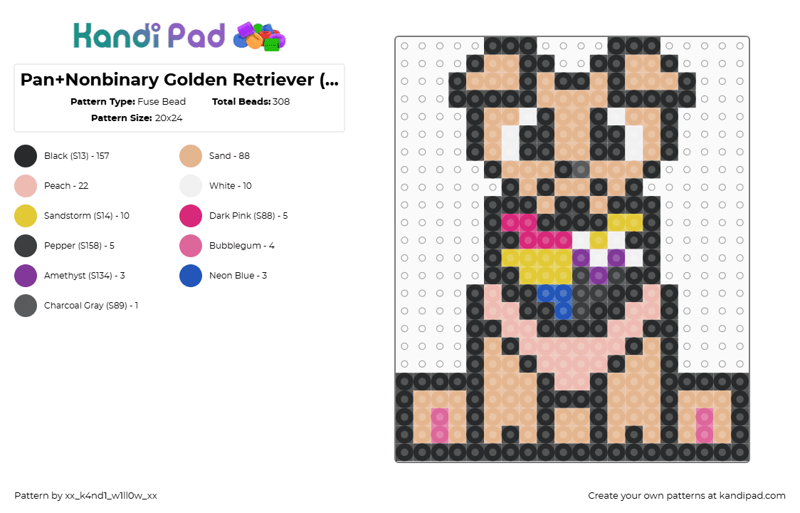 Pan+Nonbinary Golden Retriever (4 lee_bitez) - Fuse Bead Pattern by xx_k4nd1_w1ll0w_xx on Kandi Pad - golden retriever,dog,nonbinary,pansexual,pride,animal,cute,tan