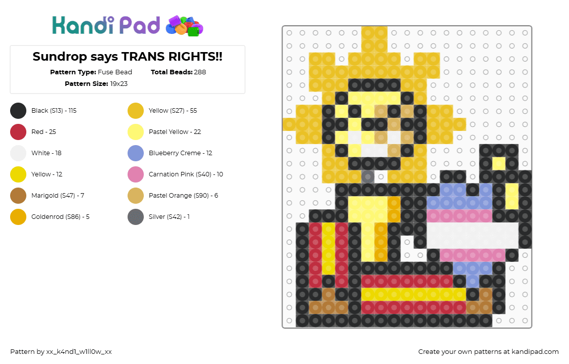 Sundrop says TRANS RIGHTS!! - Fuse Bead Pattern by xx_k4nd1_w1ll0w_xx on Kandi Pad - yellow,red,fnaf,security breach,trans,transgender,pride,sundrop